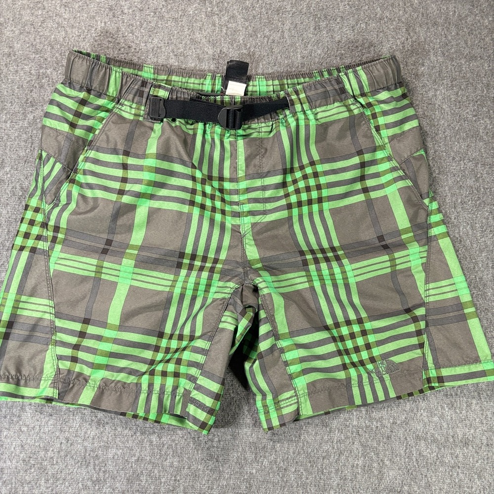 North‎ Face Shorts Mens Medium Green Gray Plaid Belted Quick Dry Outdoor Swim